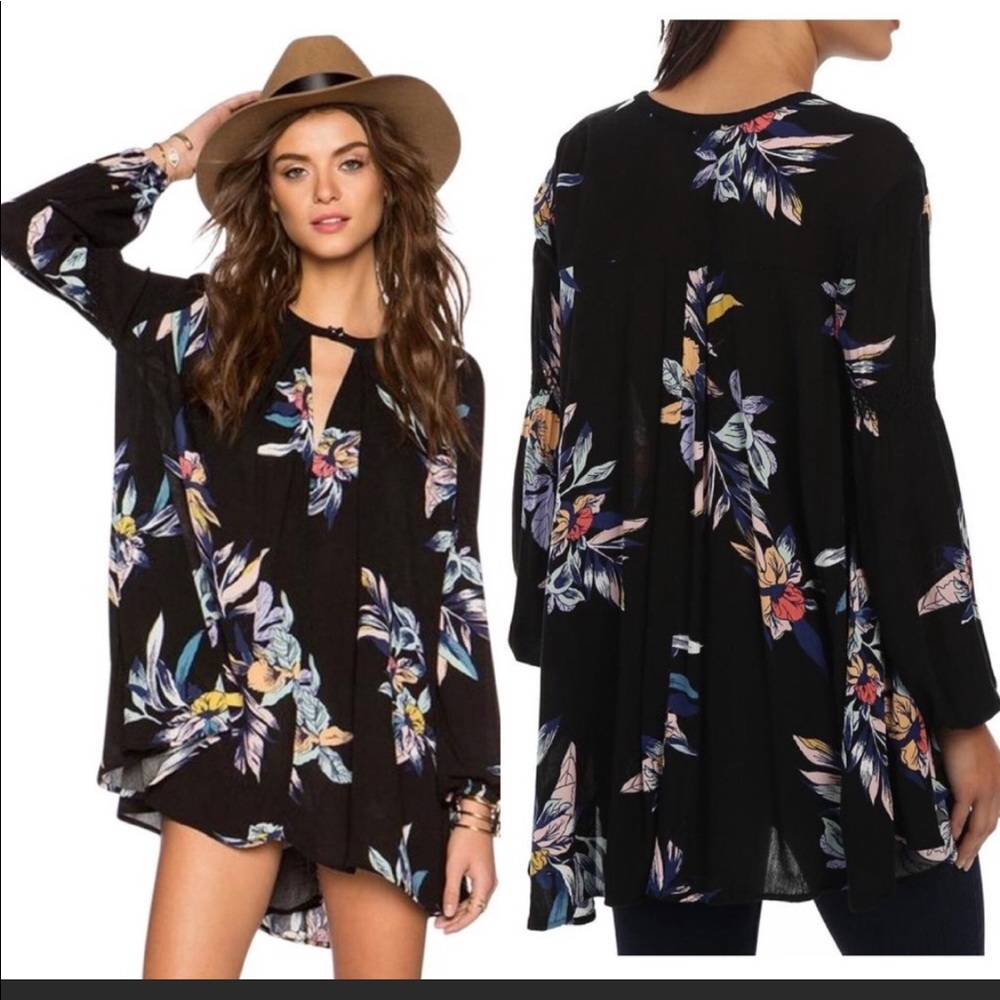 Free People Black Floral Swing Tunic Top - Medium